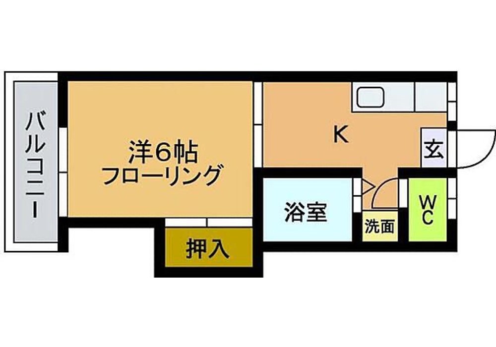 ユリカモメ片江の空室の間取り図。洋室6帖、バルコニー、浴室、洗面、トイレ、キッチン、玄関。